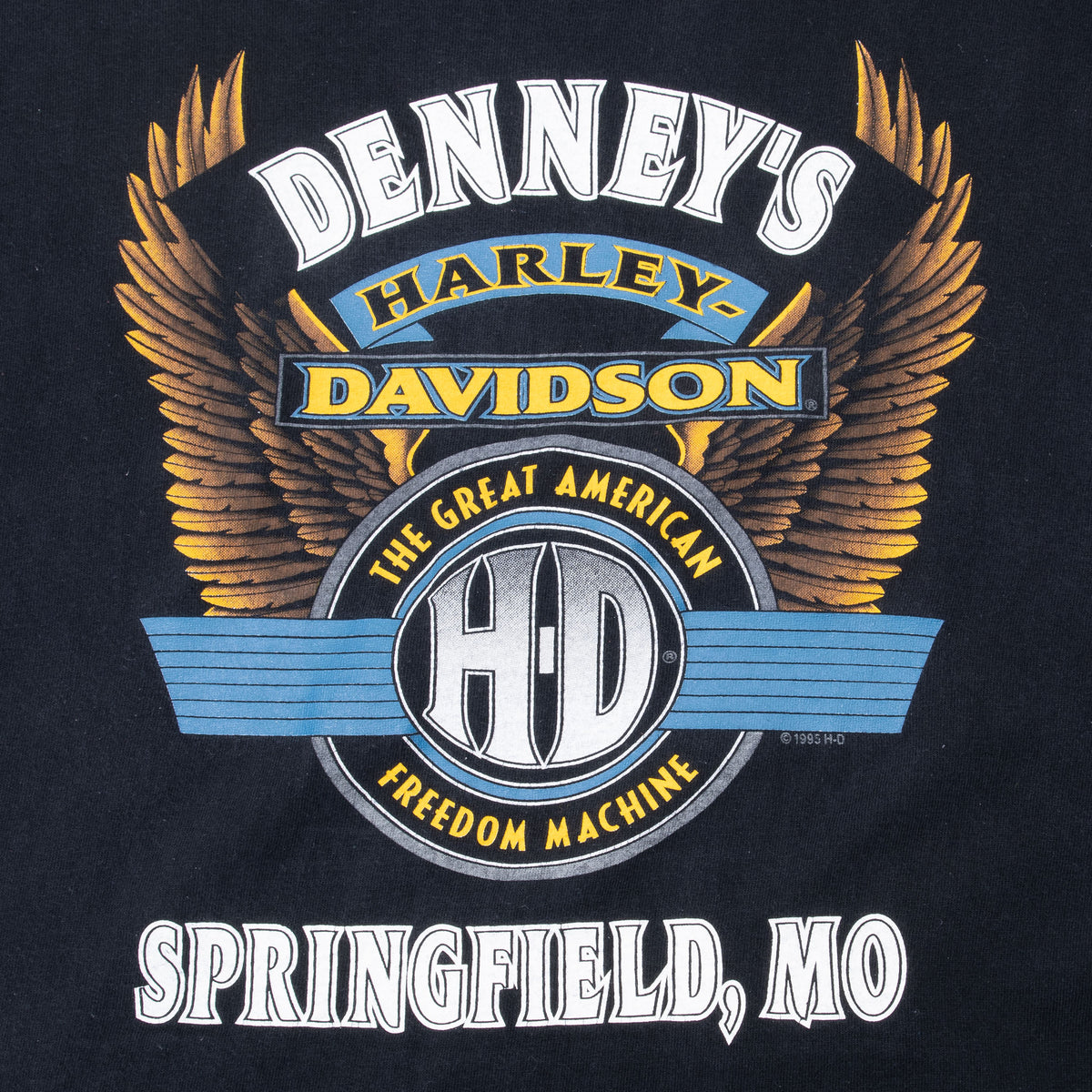 Back print detail with Denney's Harley-Davidson winged logo and Springfield, MO text