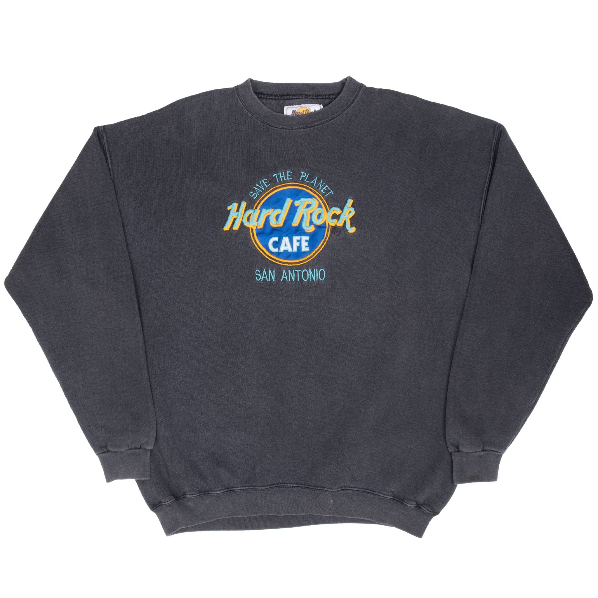 Full front view of dark gray Hard Rock Cafe San Antonio sweatshirt with colorful chest logo