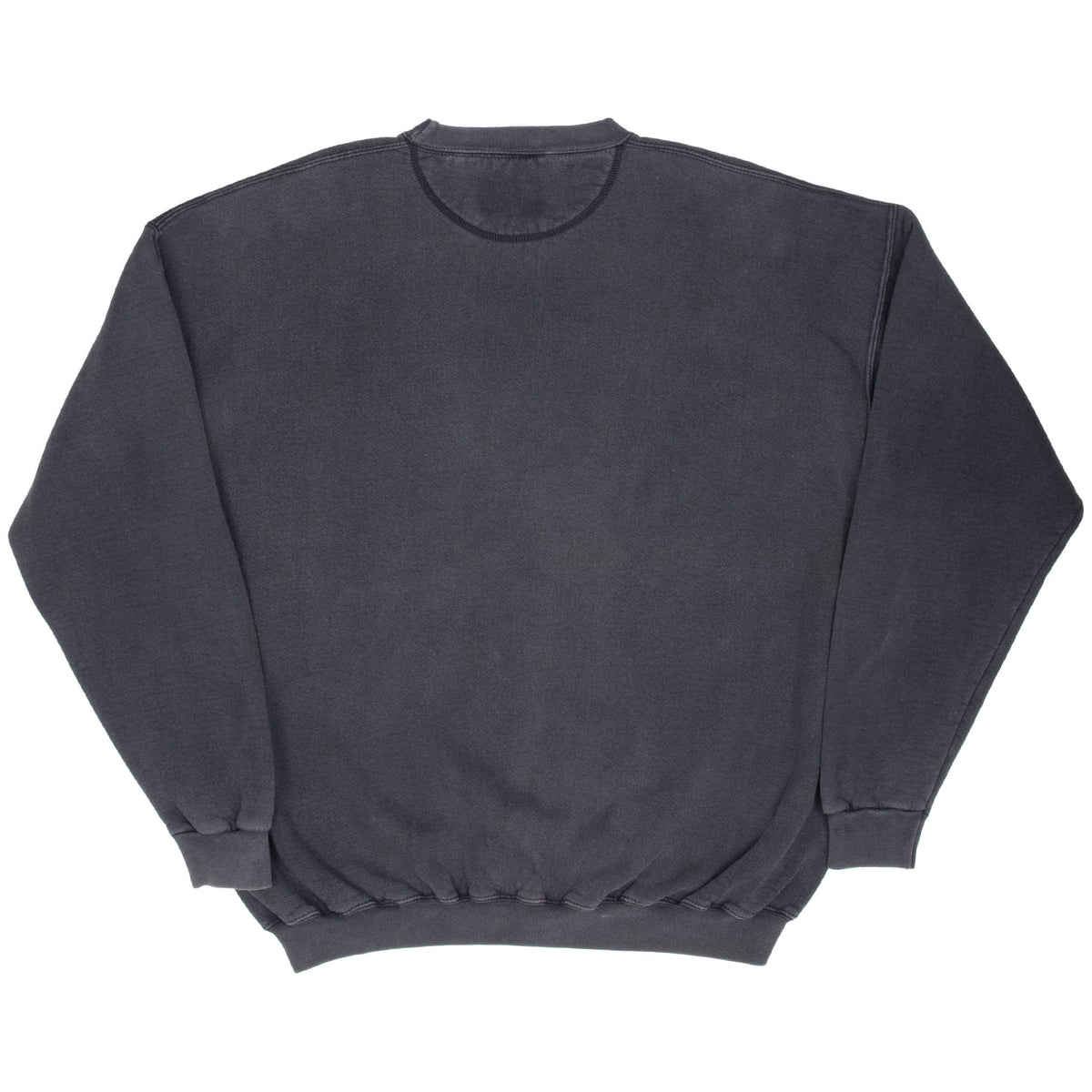 Back of dark gray Hard Rock Cafe crewneck sweatshirt with ribbed collar, cuffs and hem