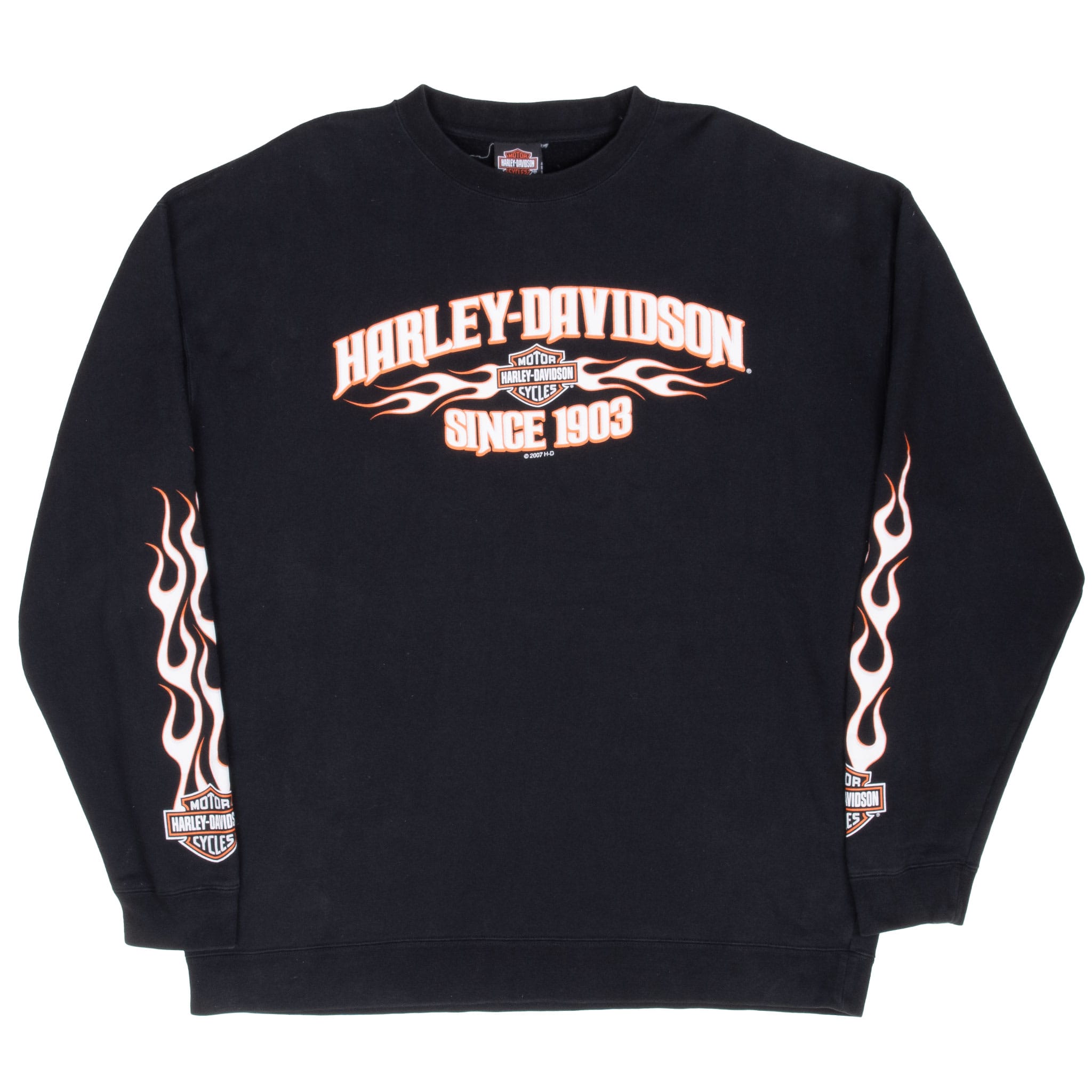 Full front view of black Harley-Davidson crewneck sweatshirt with flame graphics on both sleeves