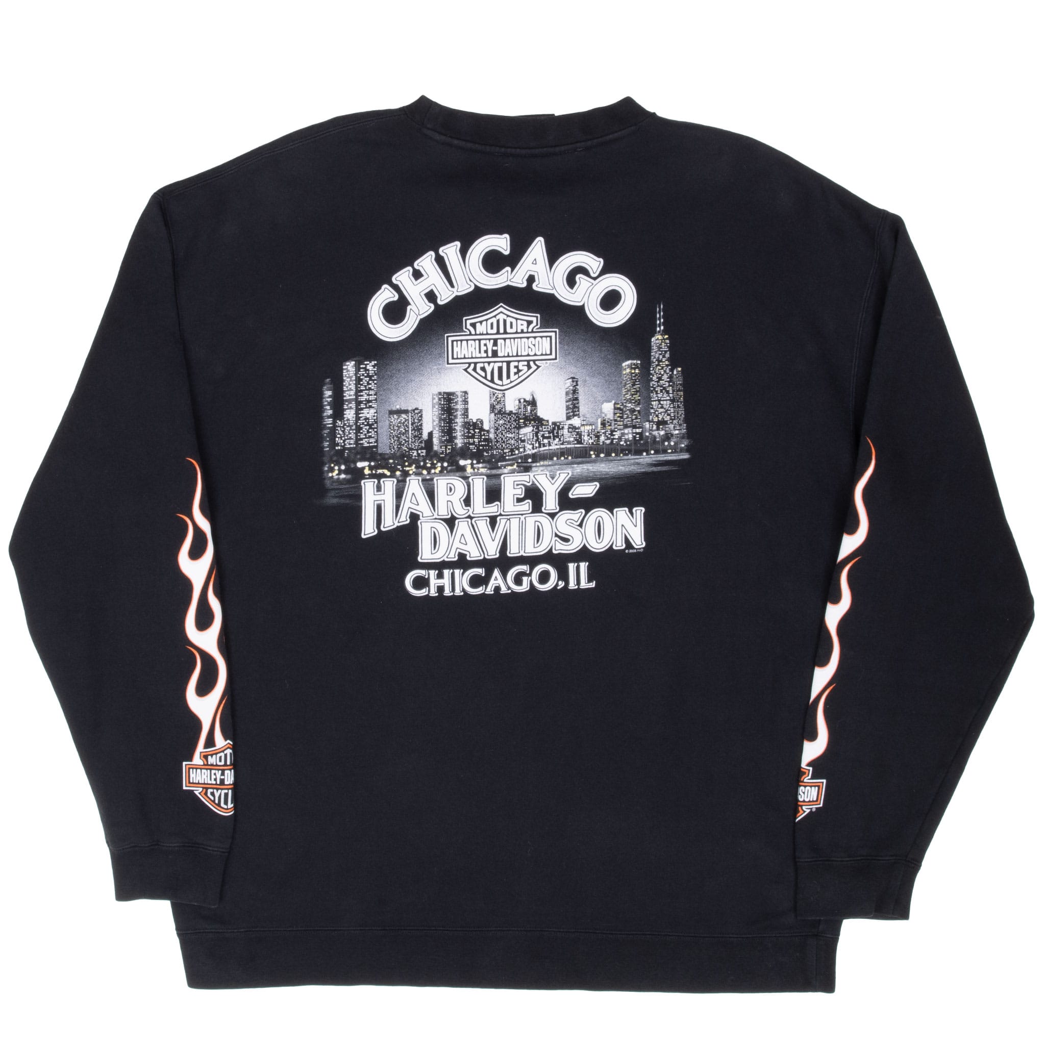 Back of black Harley-Davidson sweatshirt with Chicago skyline graphic and flame-print sleeves