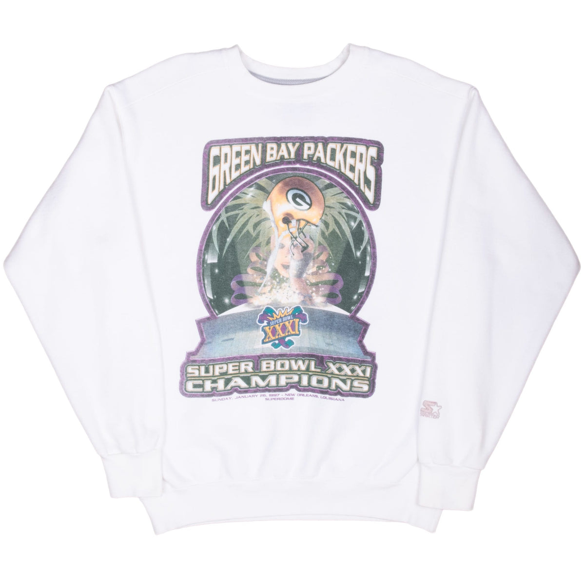 Full front view of white Packers Super Bowl XXXI Champions sweatshirt with ribbed cuffs and hem