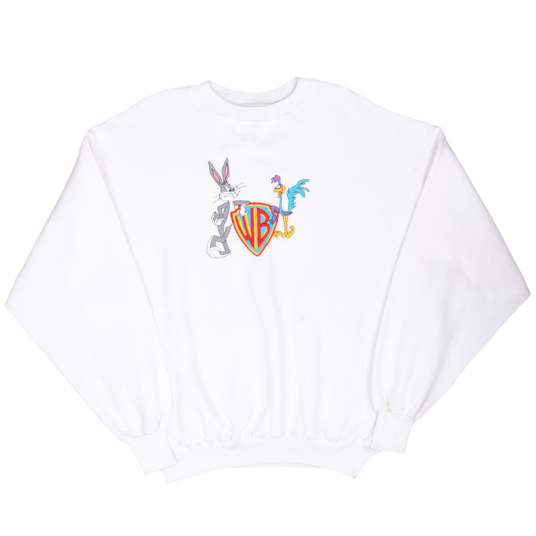 Full front view of white Looney Tunes crewneck sweatshirt with centered character graphic