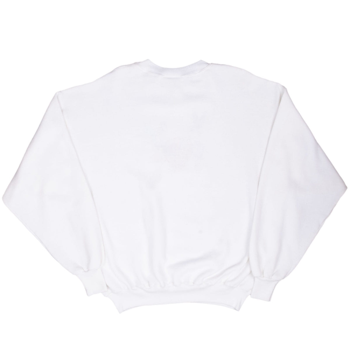 Back of plain white crewneck sweatshirt with ribbed cuffs and hem