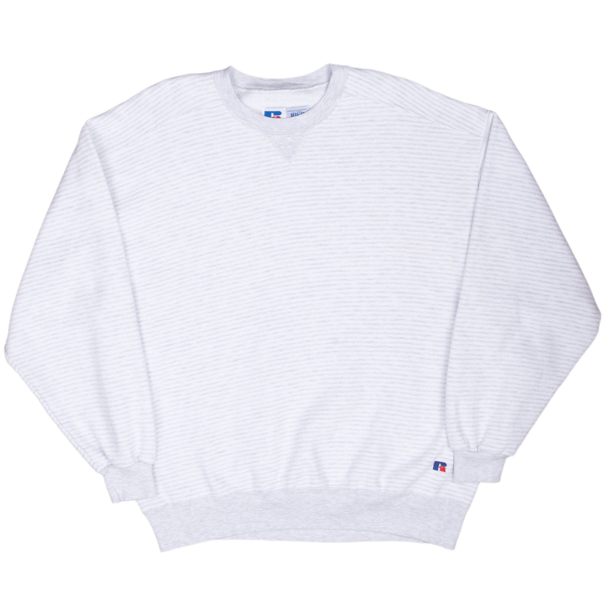 Front of grey striped Russell Athletic crewneck sweatshirt with ribbed cuffs and hem