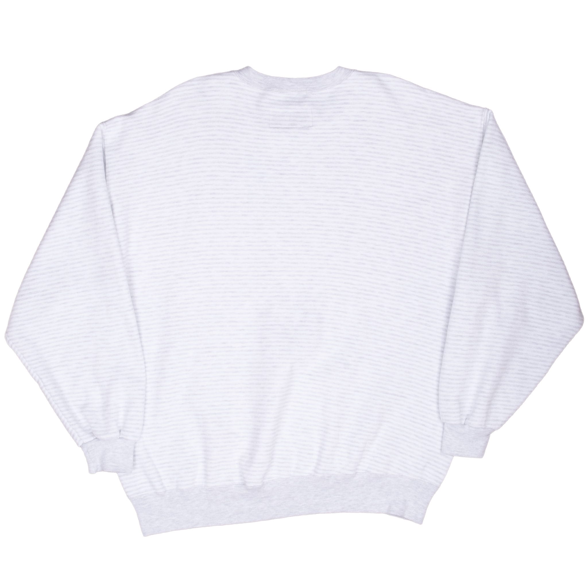 Back of grey striped Russell Athletic crewneck sweatshirt with ribbed cuffs and hem