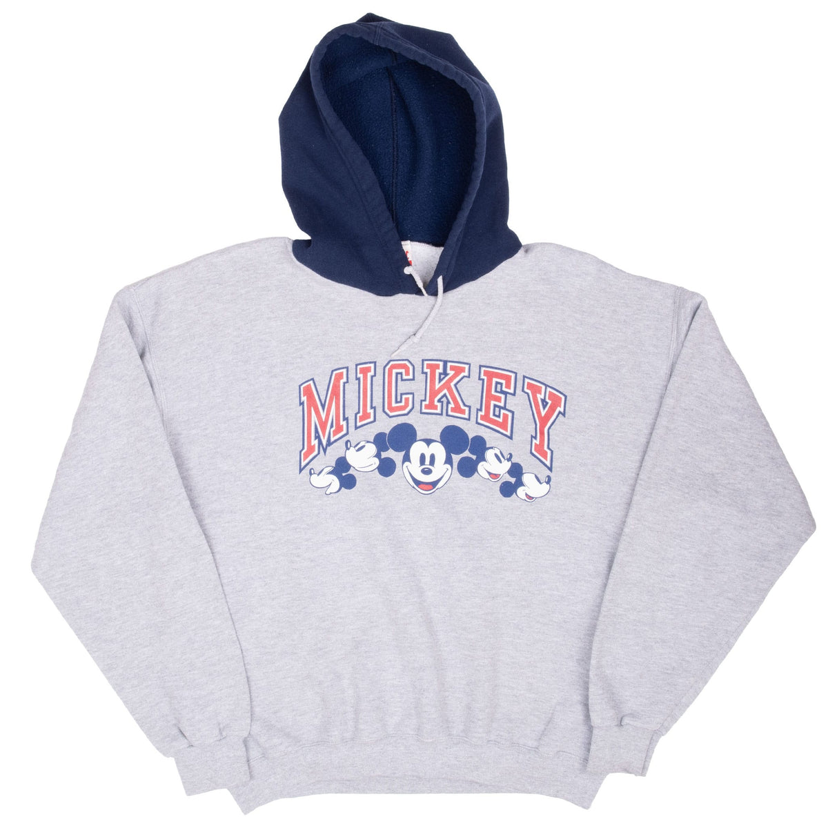 Full front view of gray Mickey Mouse hoodie with navy hood, drawstring and ribbed hem