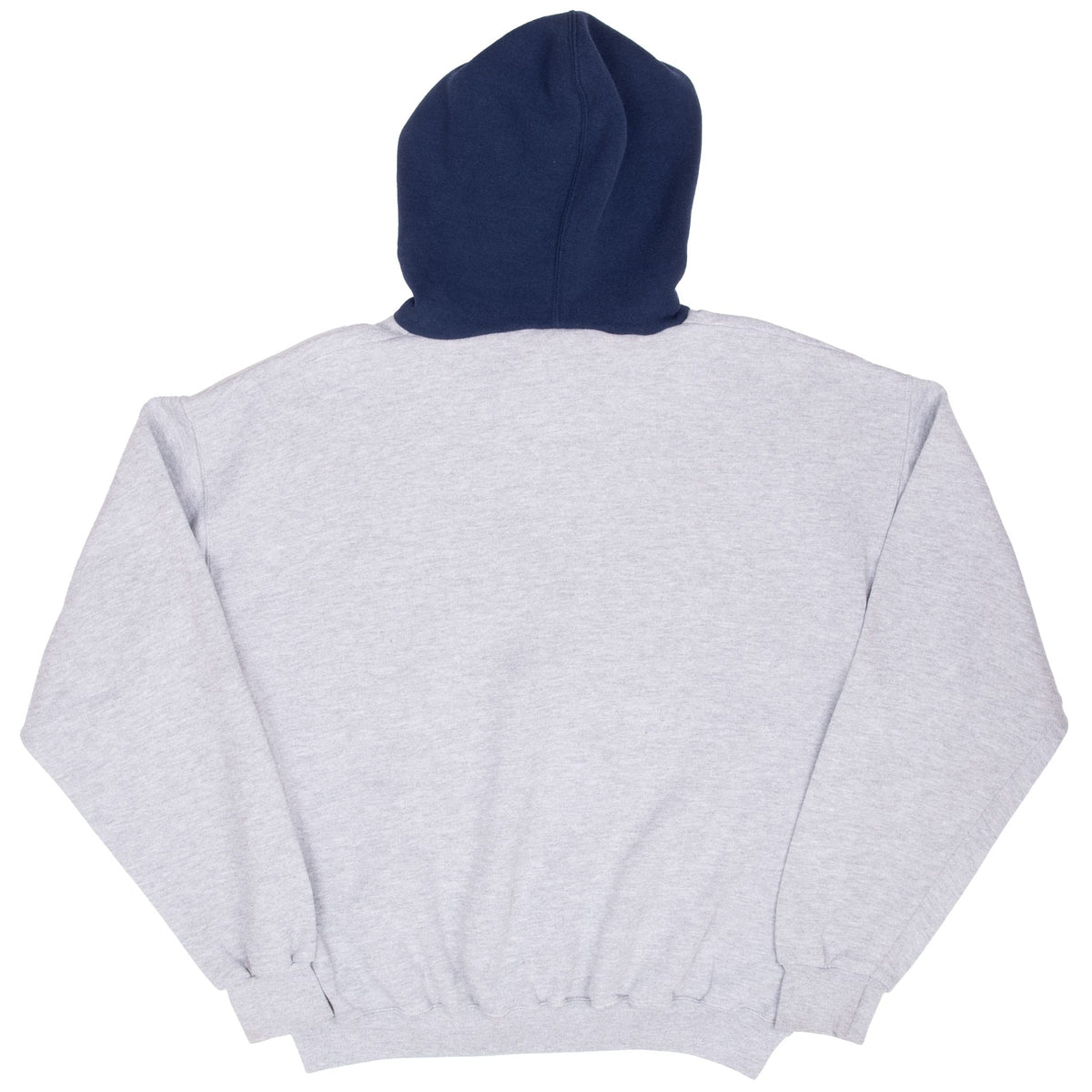 Back of gray Disney pullover hoodie with a plain body and contrasting navy hood
