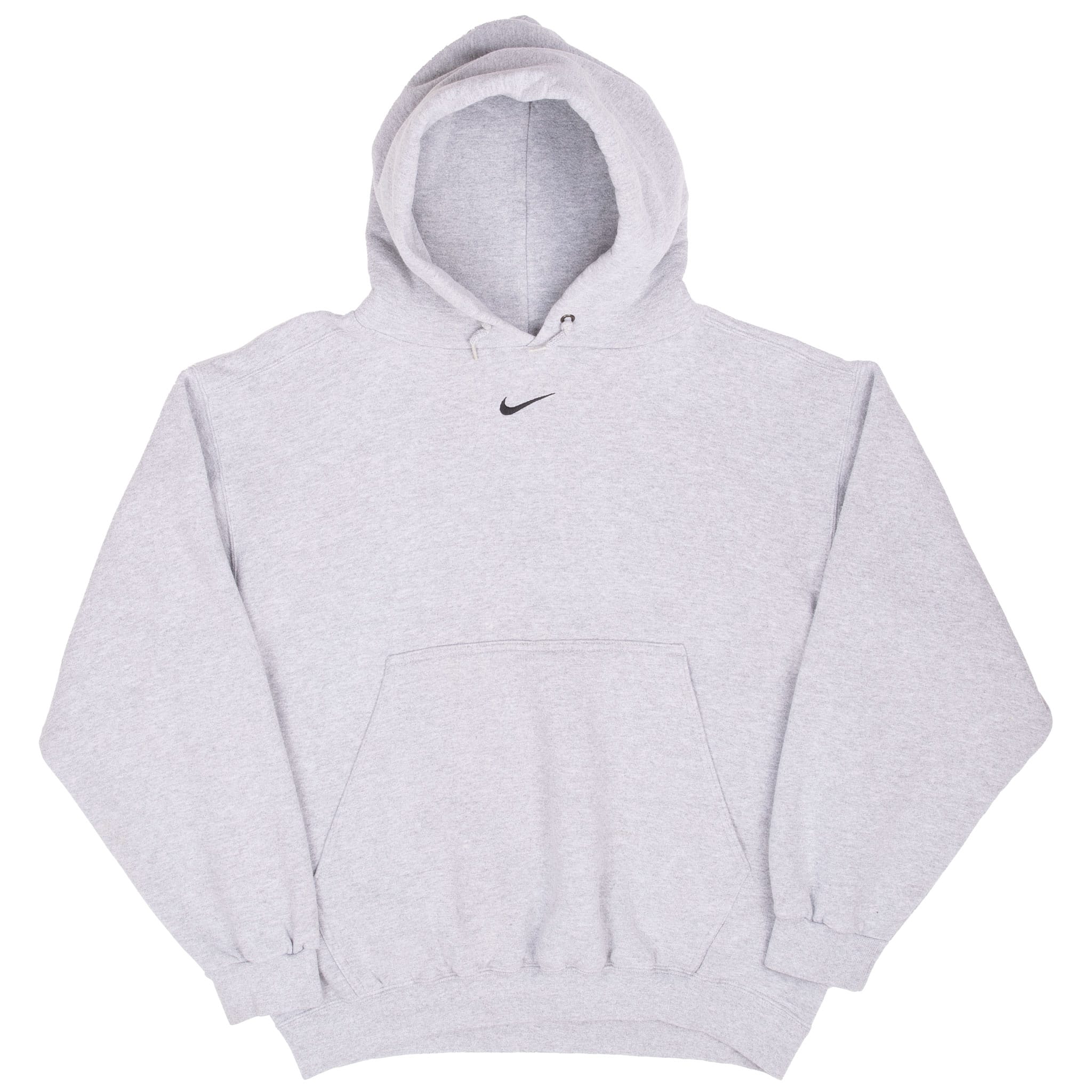 Front view of grey Nike center Swoosh hooded sweatshirt