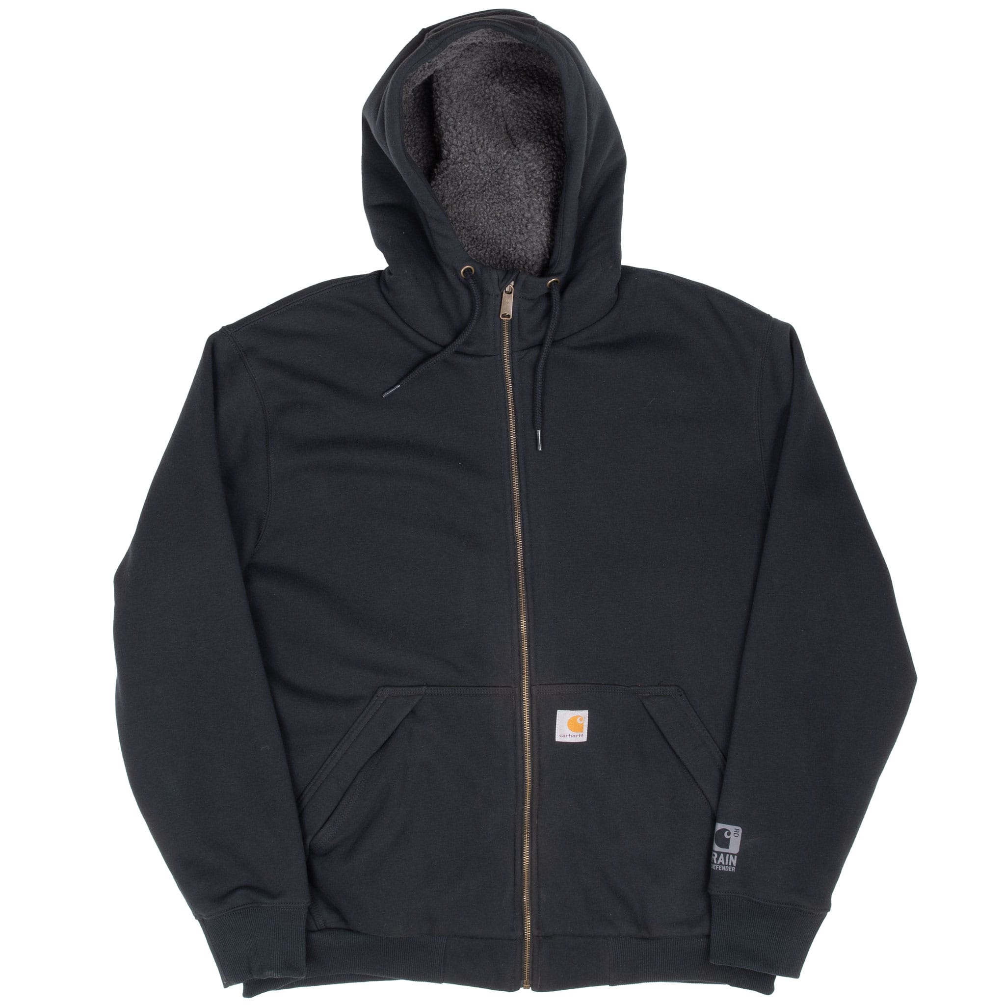 Front view of black Carhartt full-zip hoodie with sherpa-lined hood and split pouch pockets