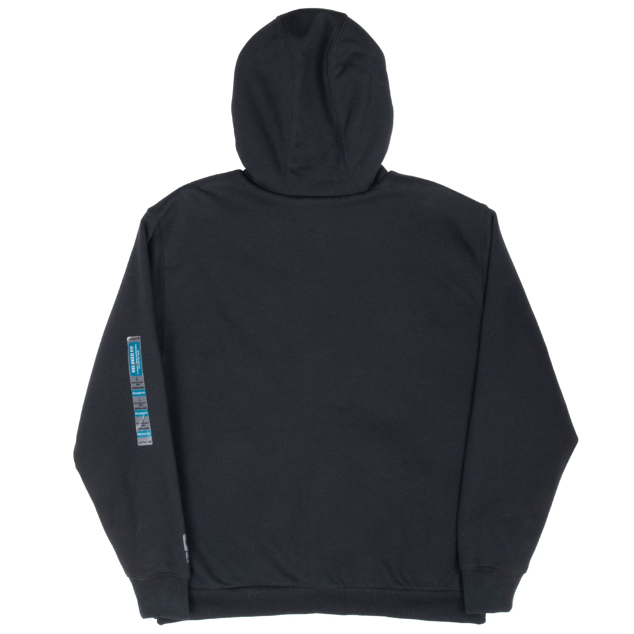 Back view of black Carhartt hooded sweatshirt with retail label attached to sleeve