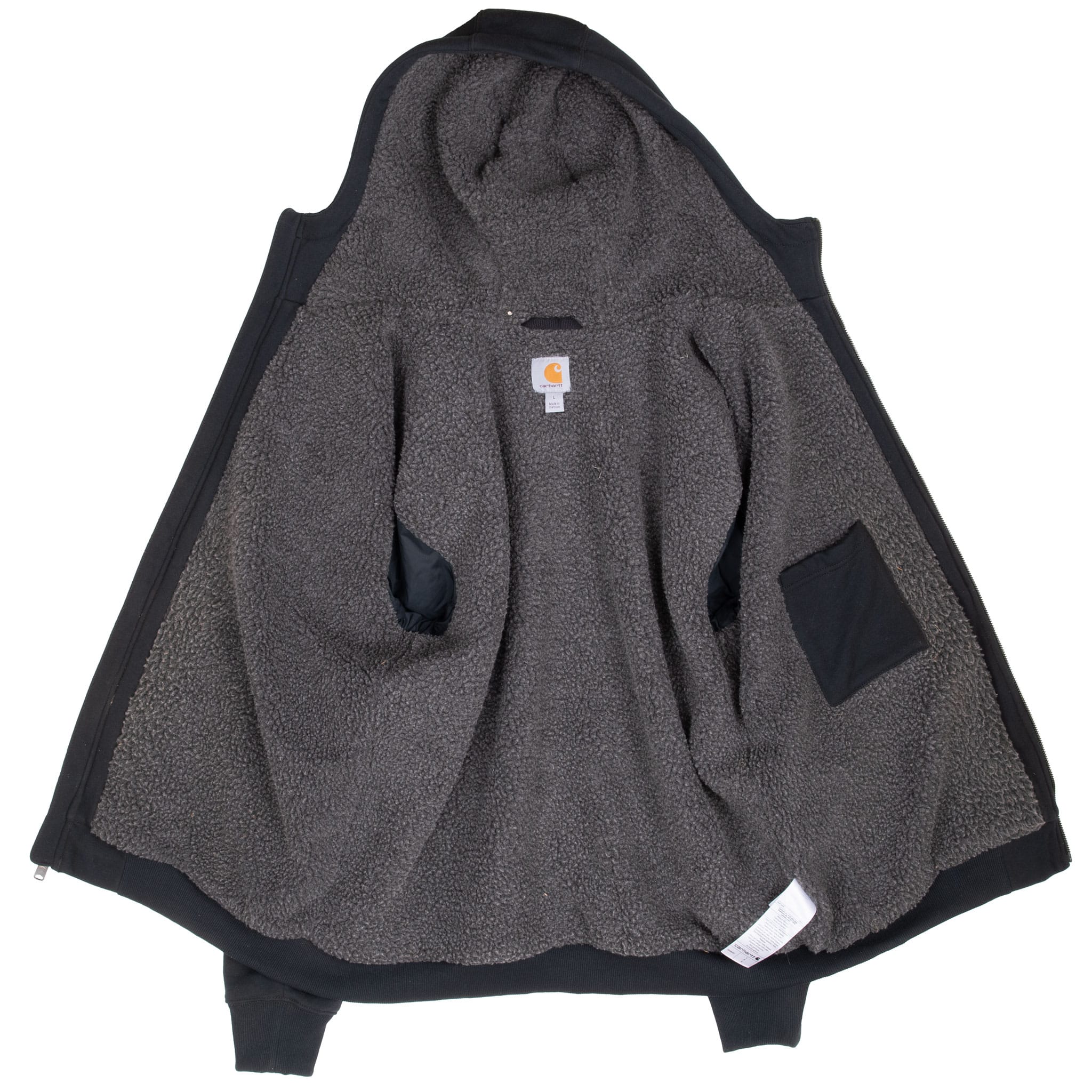 Open black Carhartt hoodie showing gray sherpa lining throughout the hood and body
