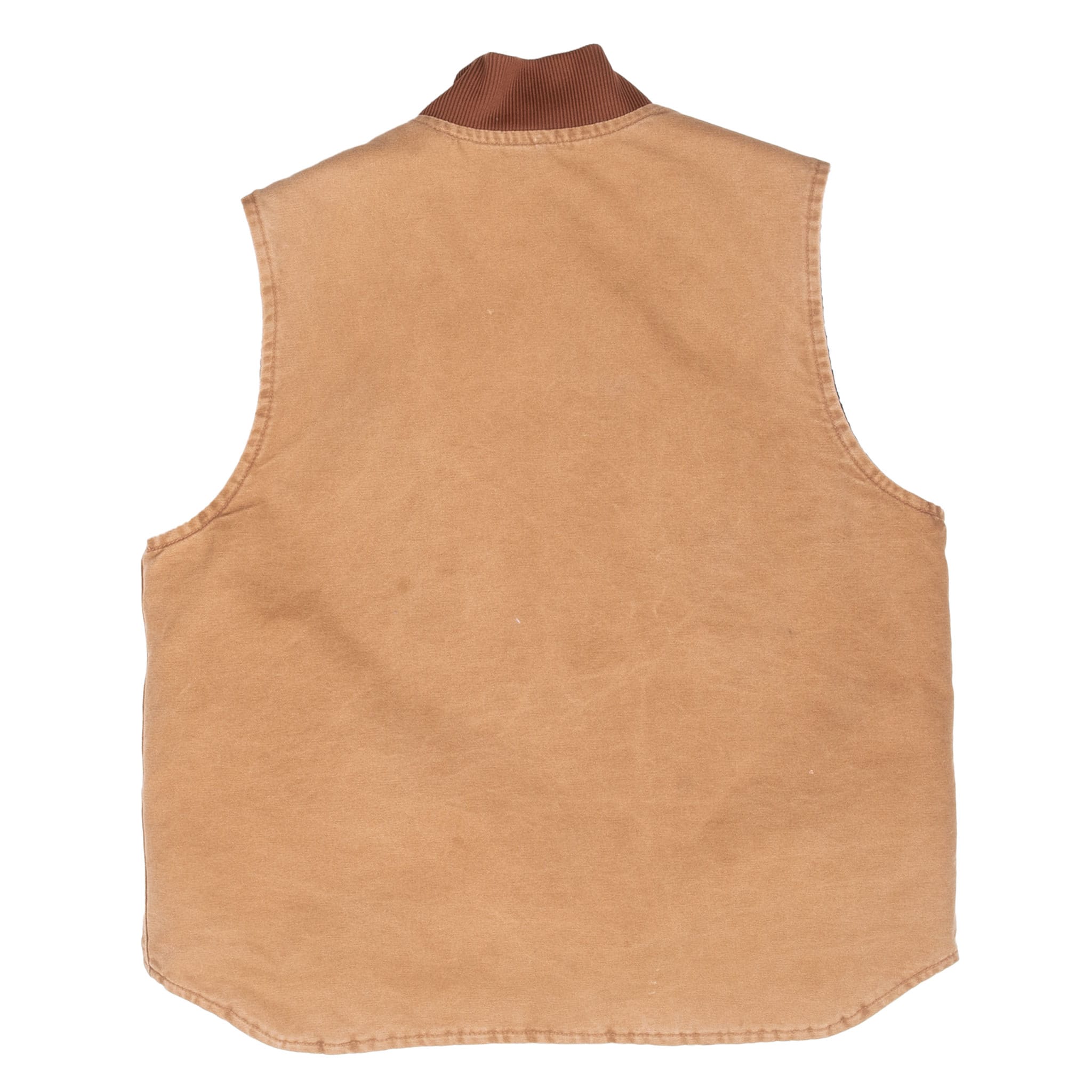 Back of brown Carhartt vest with rib-knit collar and curved hem