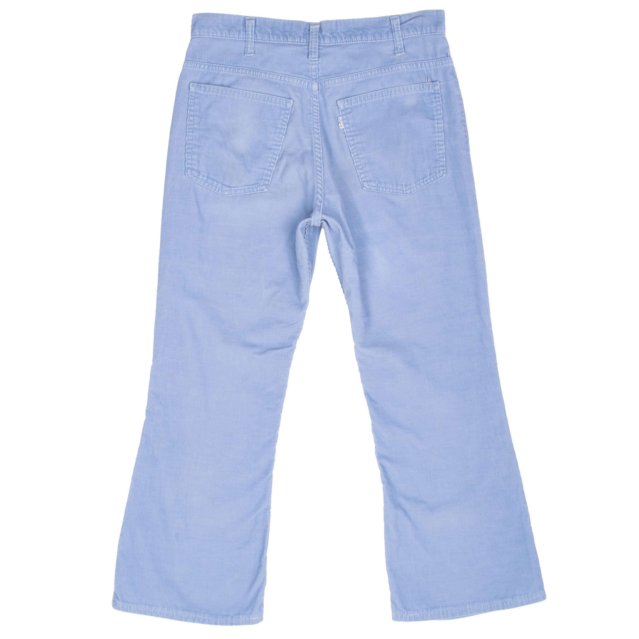 Back view of Levi's light blue corduroy bell-bottom jeans with two patch pockets