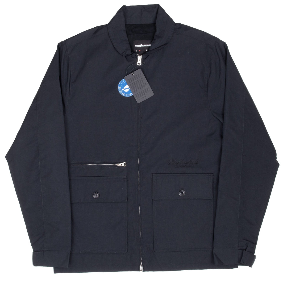Front of The Hundreds Bestwick black windbreaker laid flat with zip and button-flap pockets