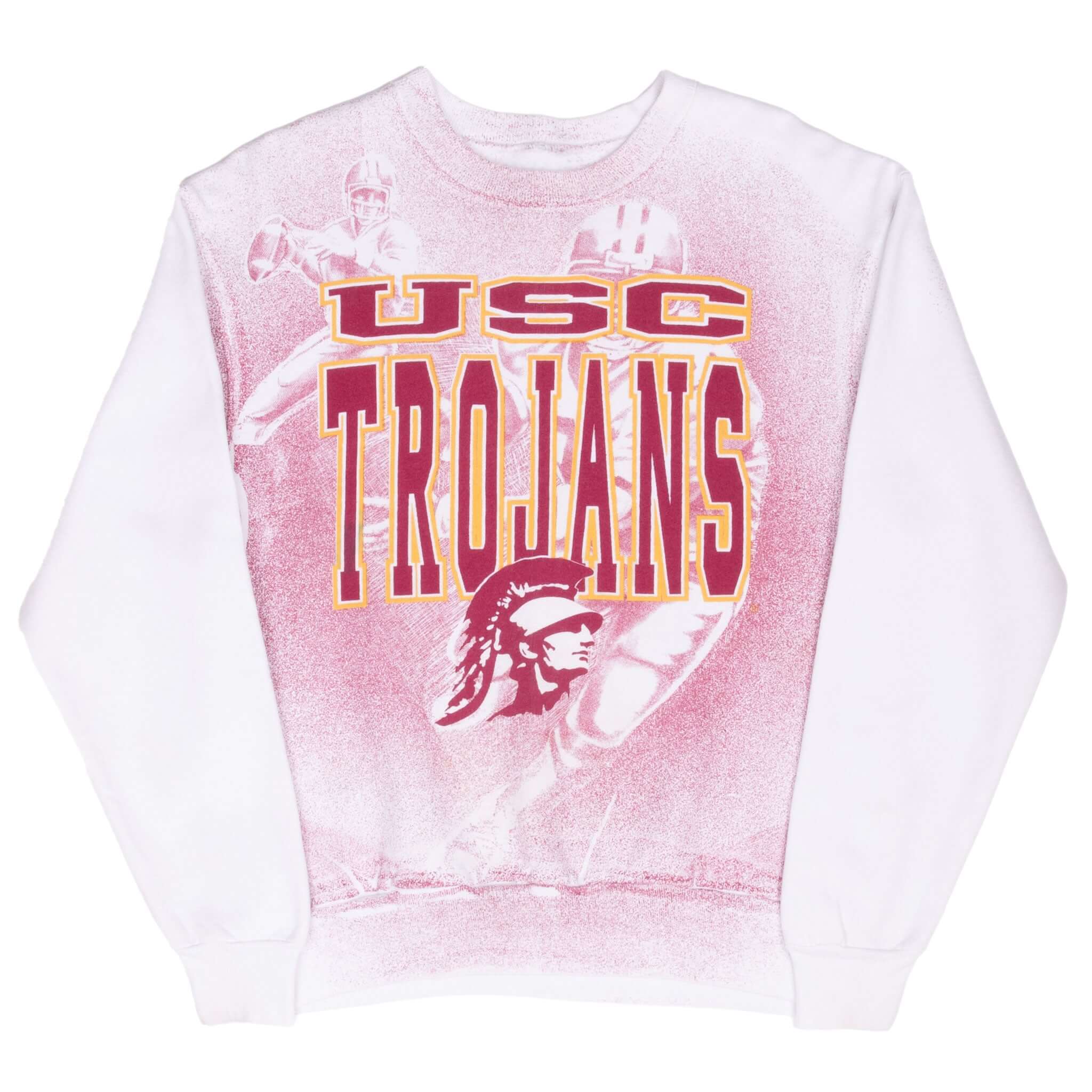Full front of white USC Trojans sweatshirt with cardinal all-over football print