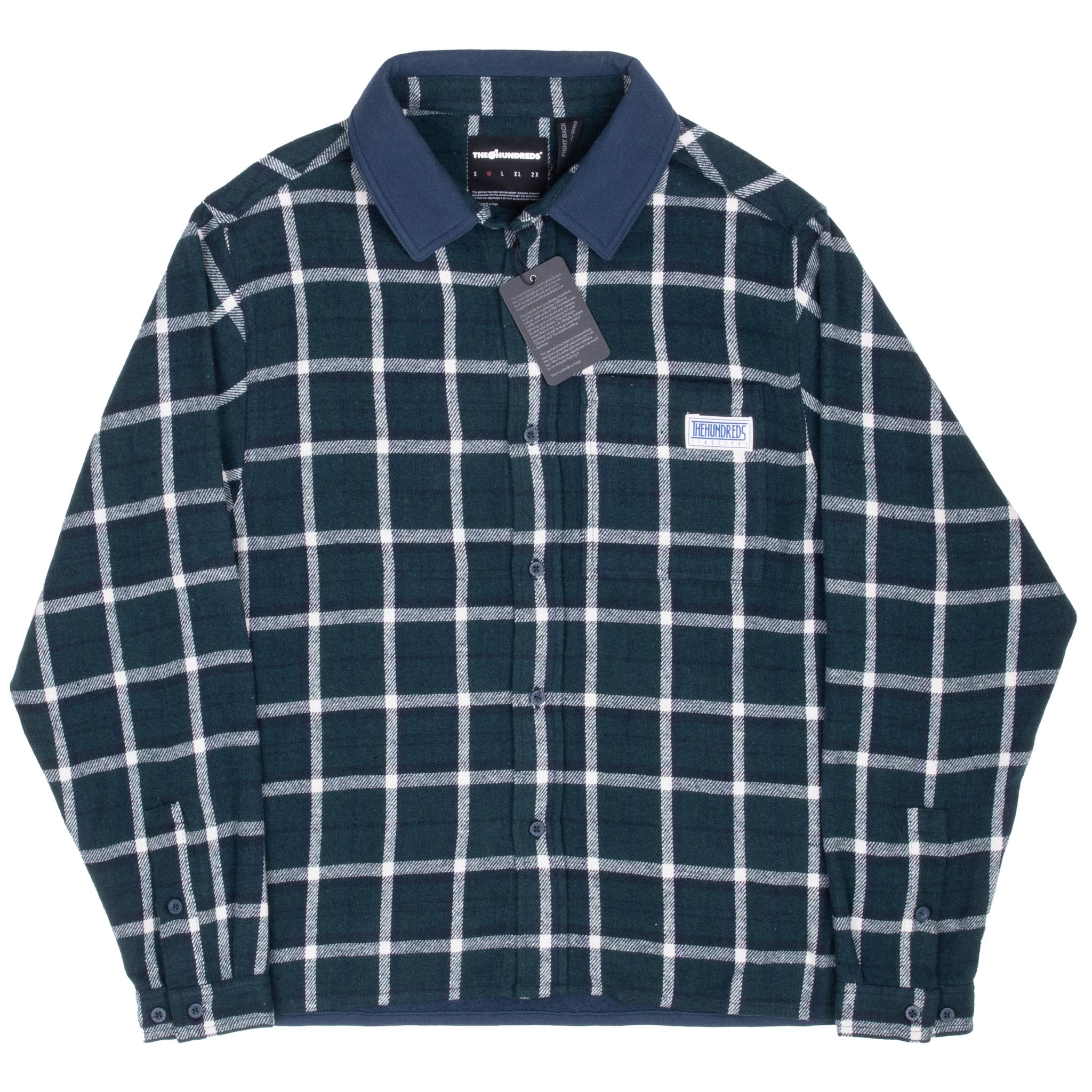 Front of The Hundreds green plaid button-front flannel shirt with chest pockets and hangtag