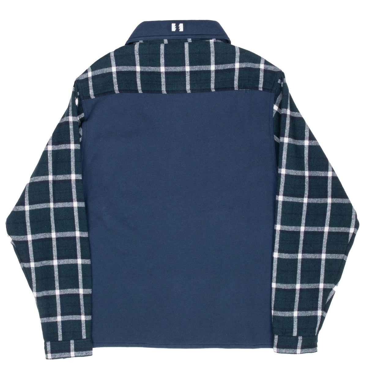 Back of The Hundreds green plaid flannel shirt with large solid navy contrast panel