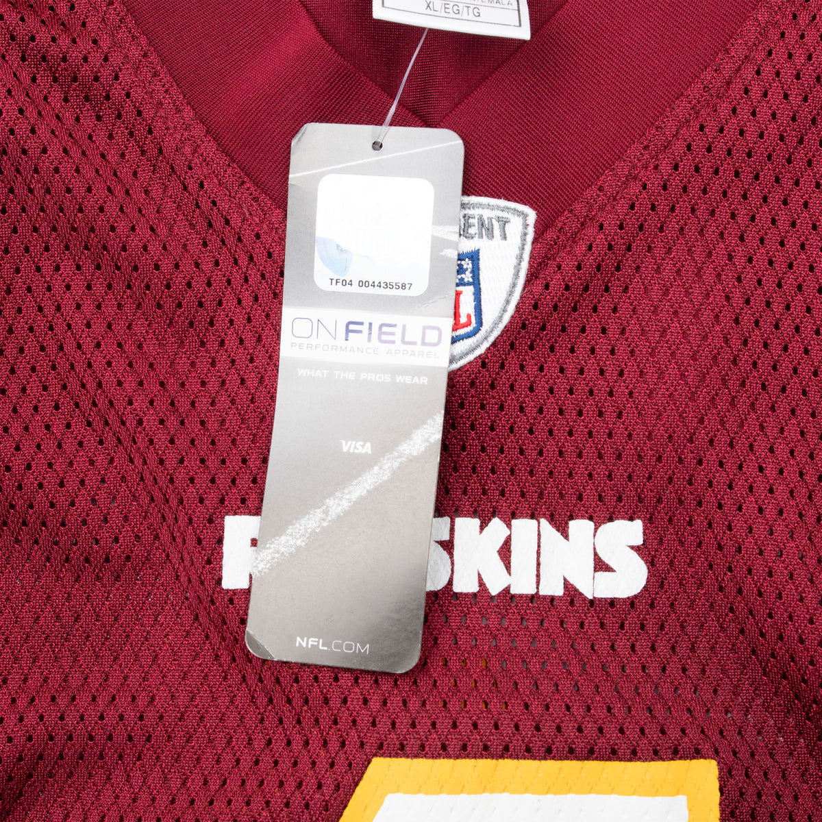 Attached NFL On Field hangtag at the V-neck of burgundy Washington Redskins jersey