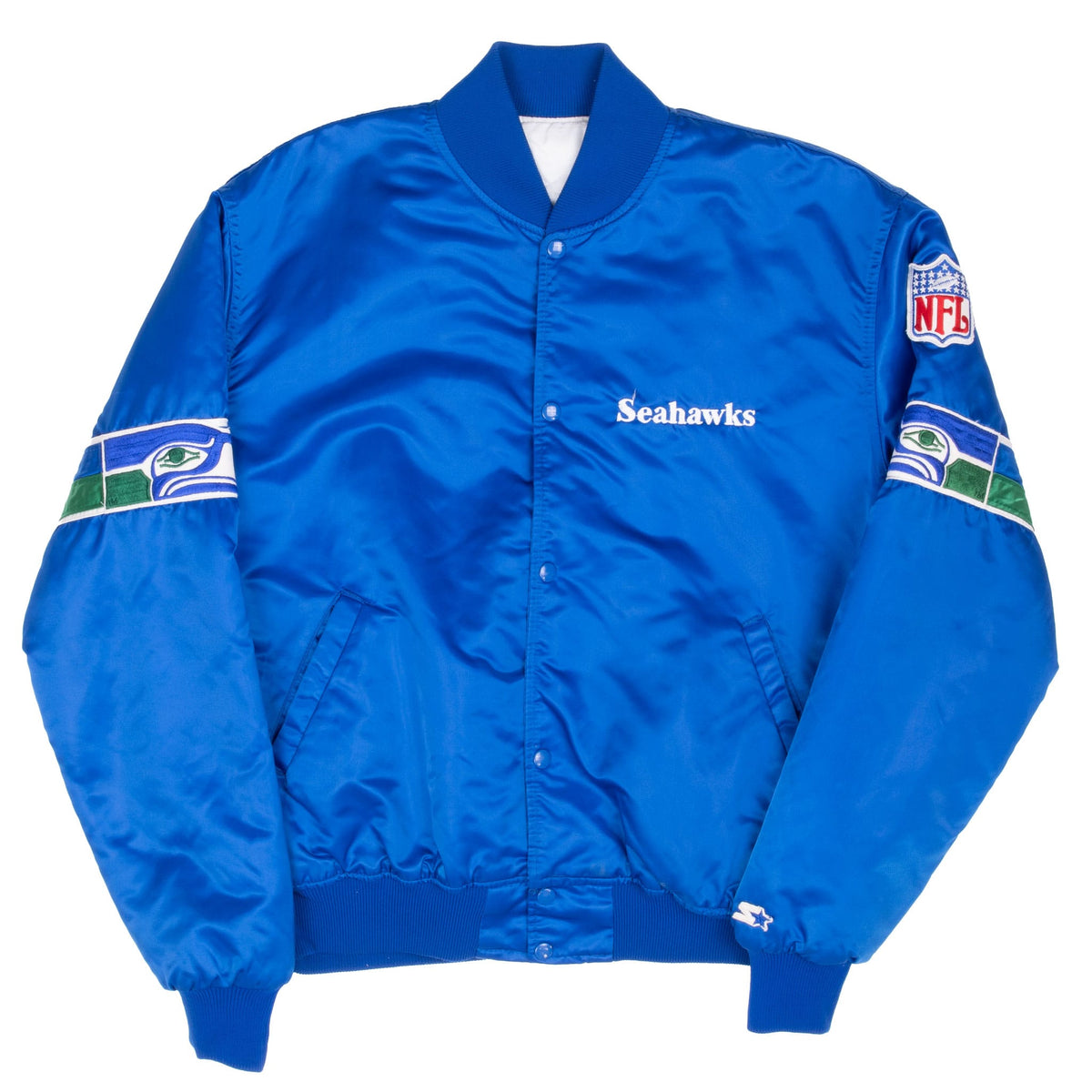 Front of blue Seattle Seahawks Starter snap-front bomber jacket