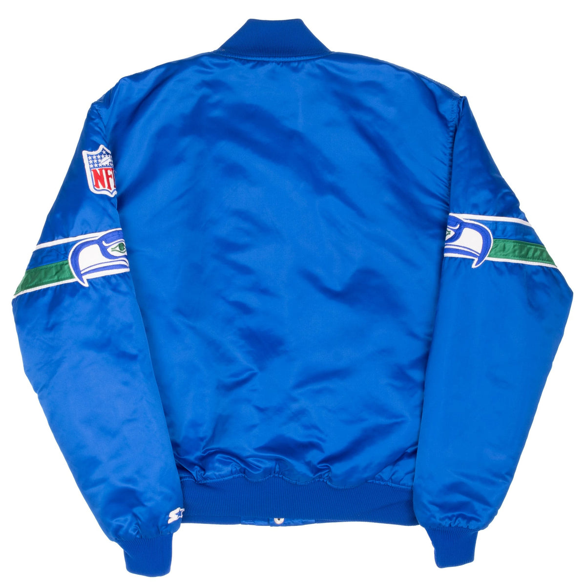 Back of blue Seattle Seahawks Starter jacket with wraparound sleeve logo bands