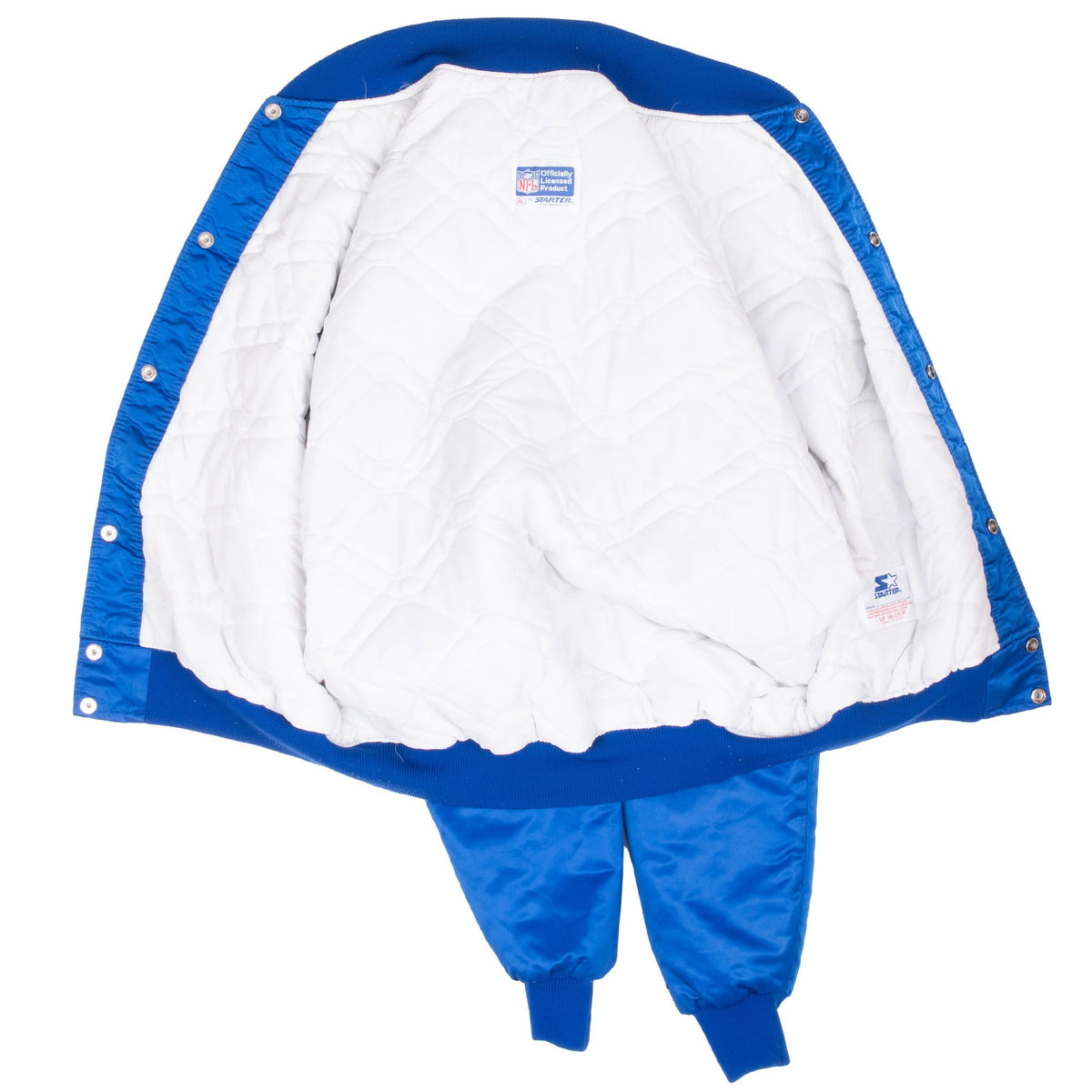 Open Seattle Seahawks Starter jacket showing white quilted lining and interior labels