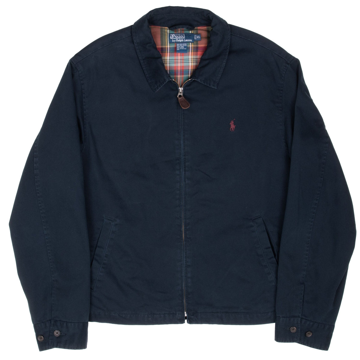 Front of navy Polo Ralph Lauren Harrington jacket with burgundy pony embroidery