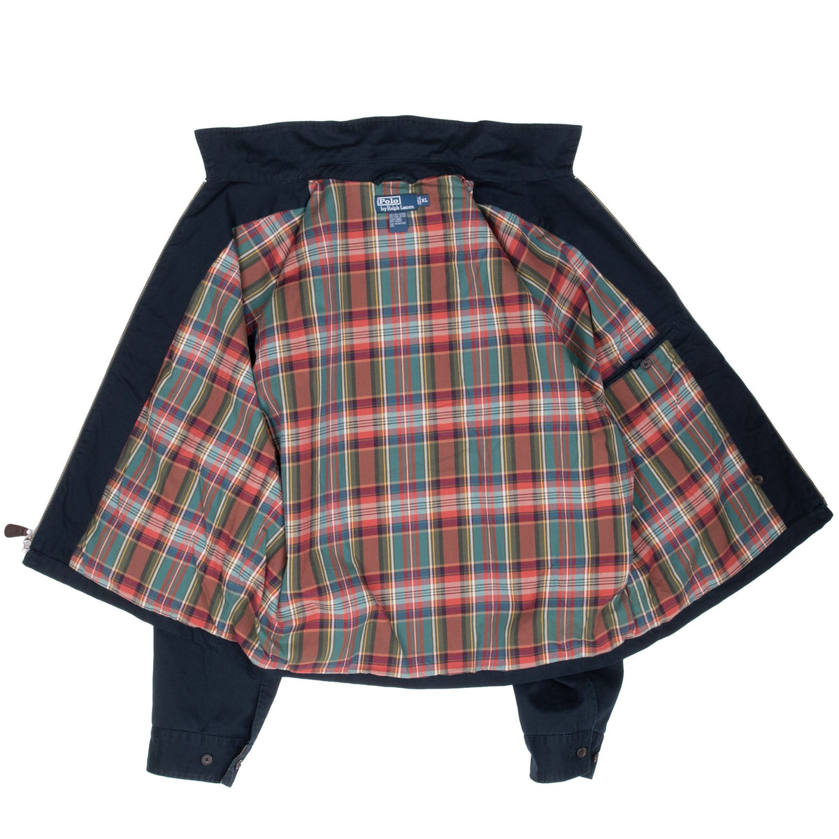 Open Polo Ralph Lauren jacket showing multicolor plaid interior lining