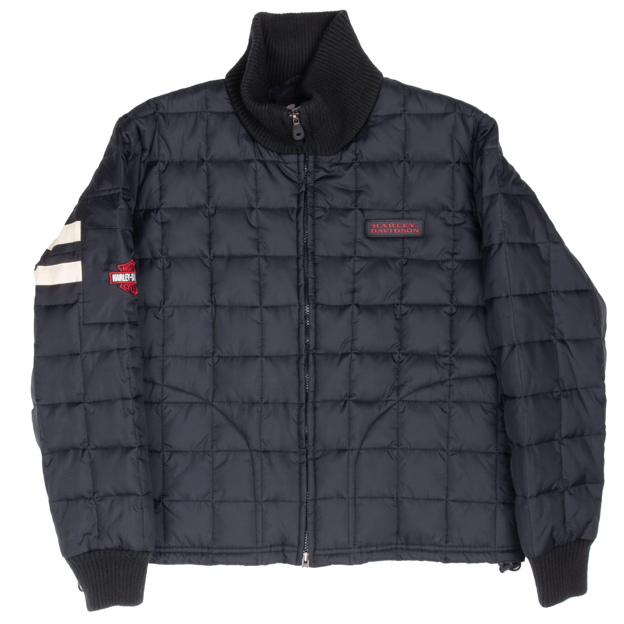 Full front view of black Harley-Davidson puffer jacket with ribbed collar and cuffs