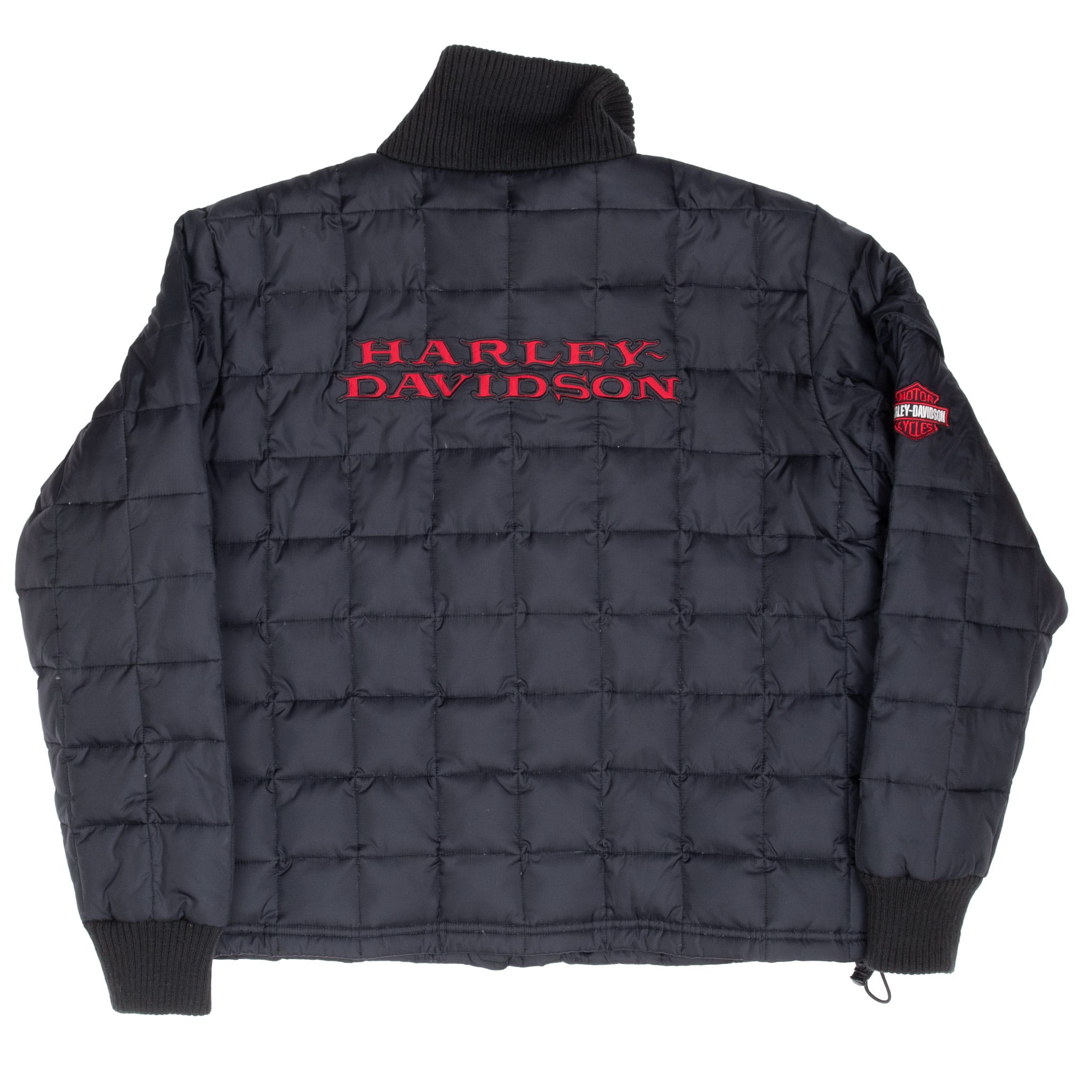 Back of black Harley-Davidson puffer jacket with large red embroidered lettering