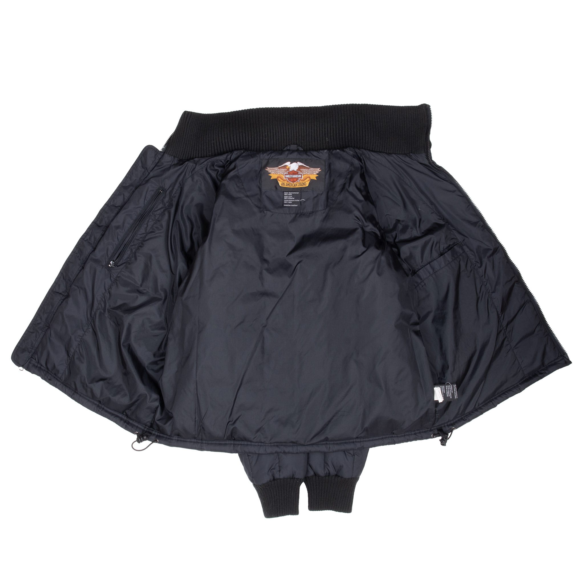 Open black Harley-Davidson puffer jacket showing interior lining and label