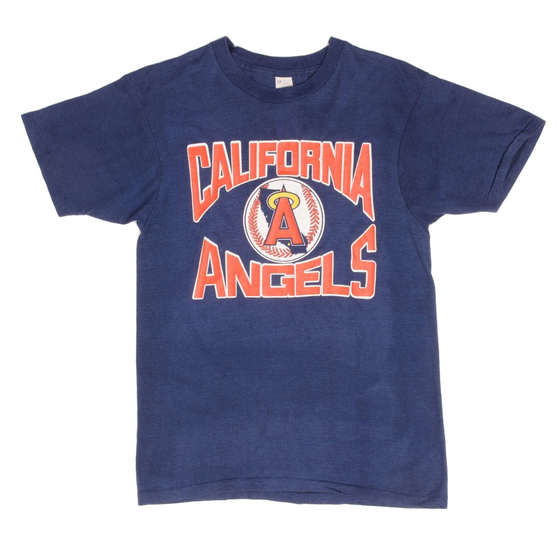 Full front of navy California Angels T-shirt with red team graphic