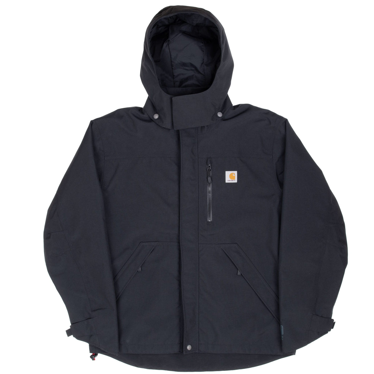 Front view of black Carhartt Shoreline jacket with hood, chest zip pocket and logo patch