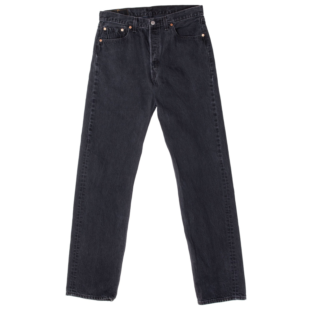 Front view of Levi's 501 black jeans with five-pocket styling and copper-tone rivets