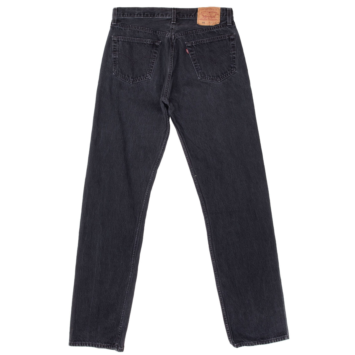 Back view of Levi's 501 black jeans with rear pockets, red tab, and branded waist patch