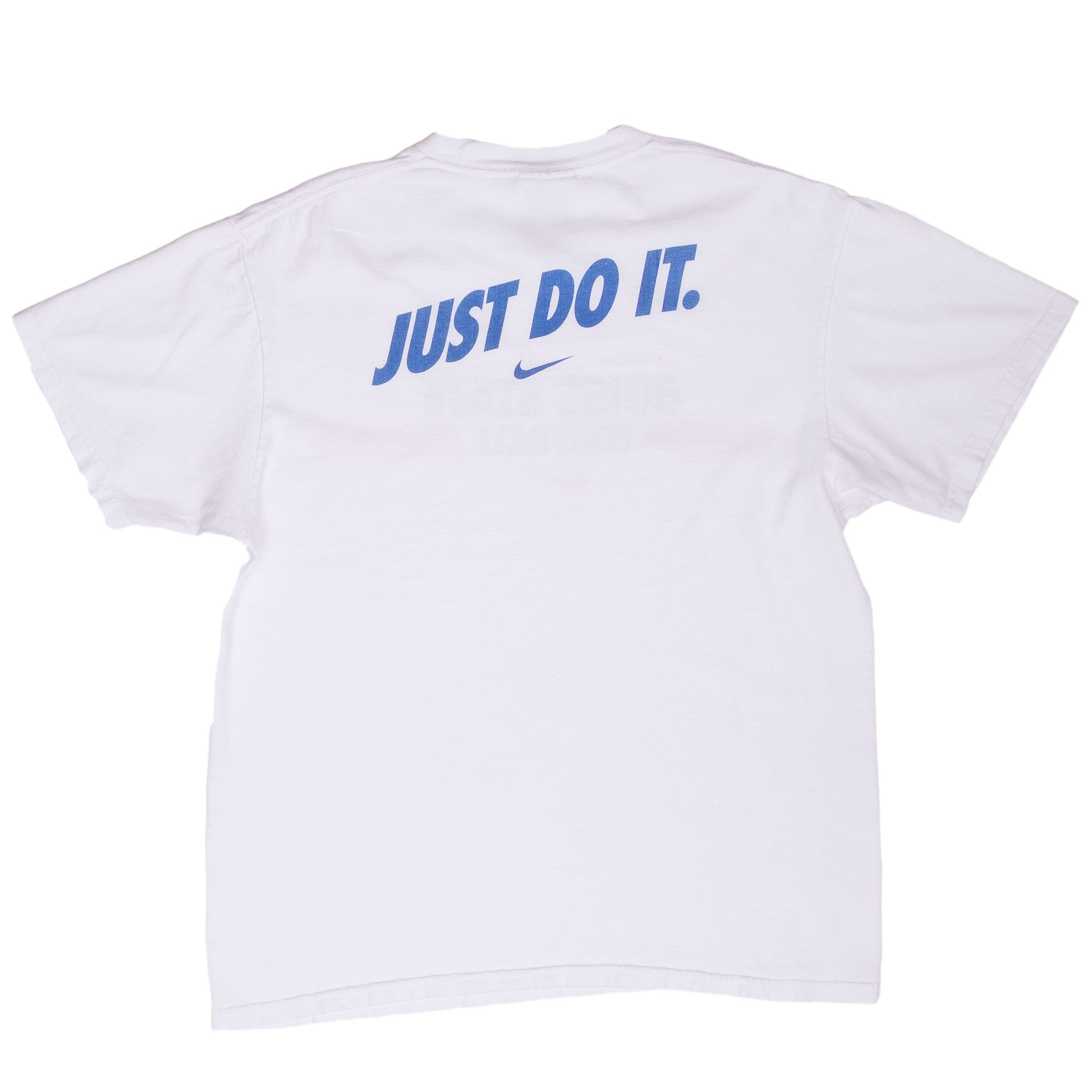 Back of white Nike T-shirt with blue Just Do It slogan and Swoosh