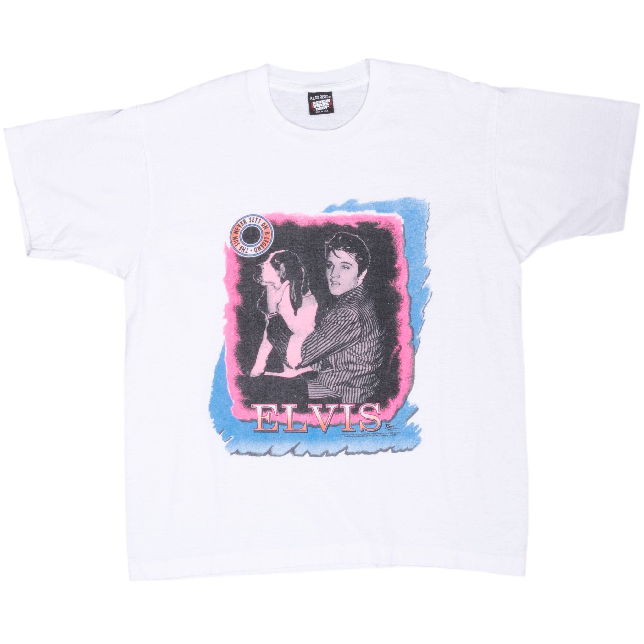 Full front of white Elvis Presley crewneck T-shirt with colorful Elvis and dog graphic