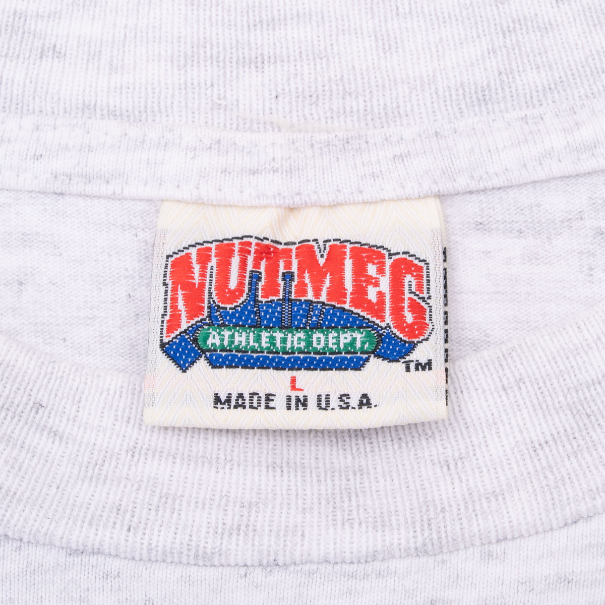 Nutmeg Mills Made in USA neck label inside gray Oakland Athletics T-shirt