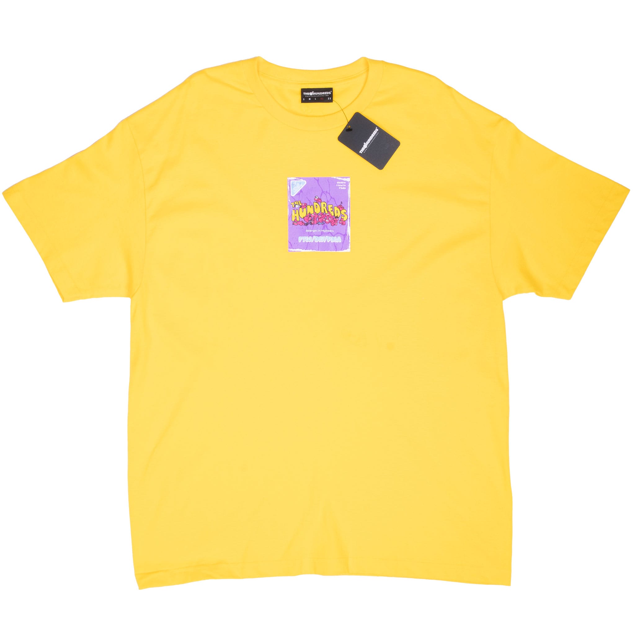 Full front view of yellow The Hundreds crewneck T-shirt with bunny graphic and hangtag