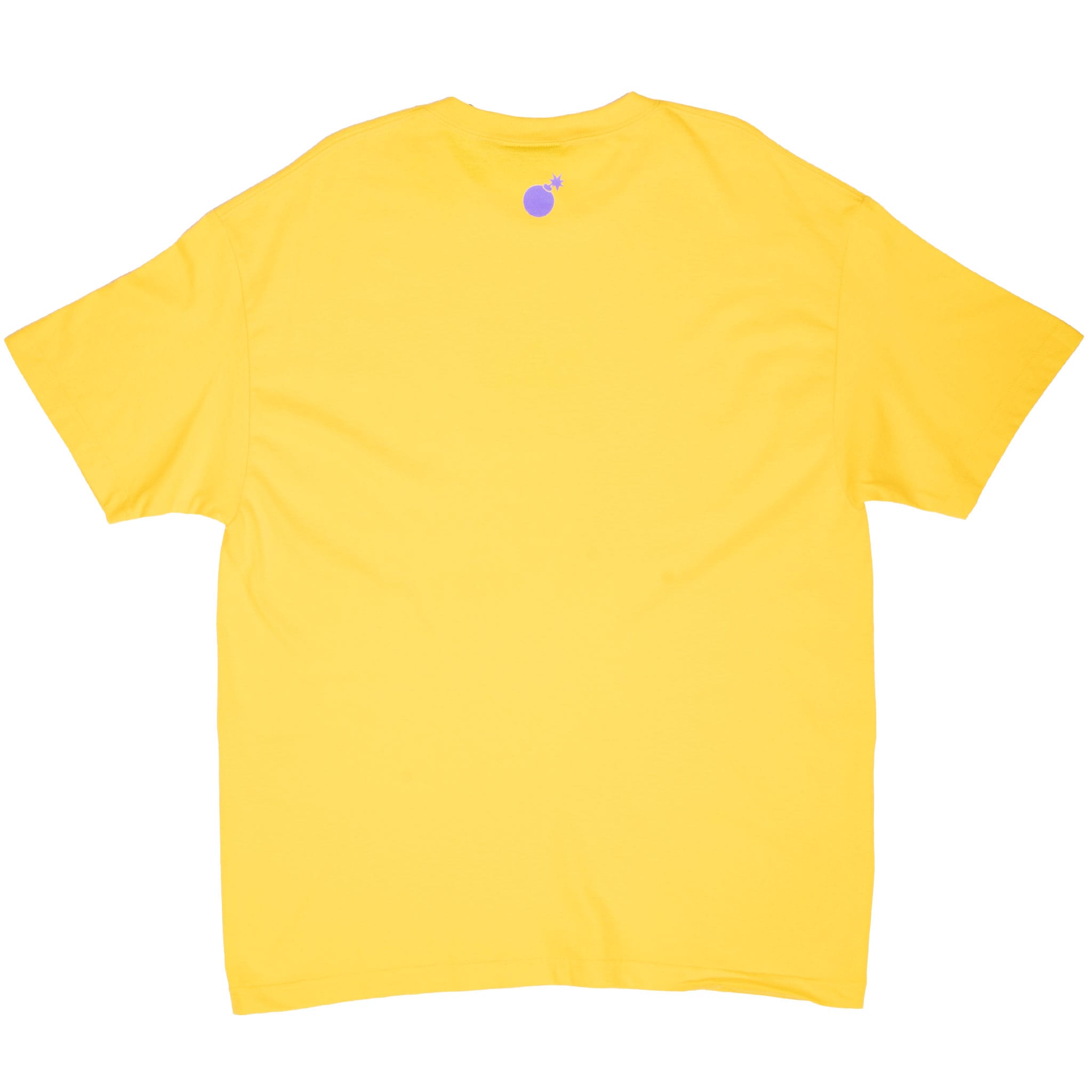Back of yellow The Hundreds T-shirt with small purple bomb logo below the neckline