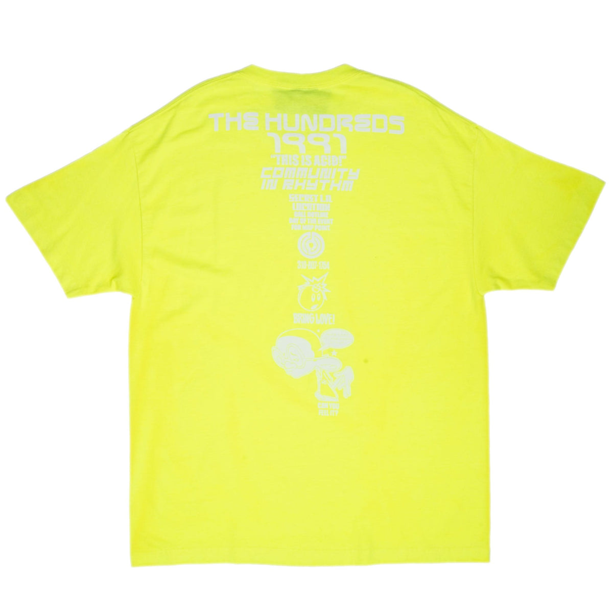 Back of neon yellow The Hundreds T-shirt with large vertical white graphic
