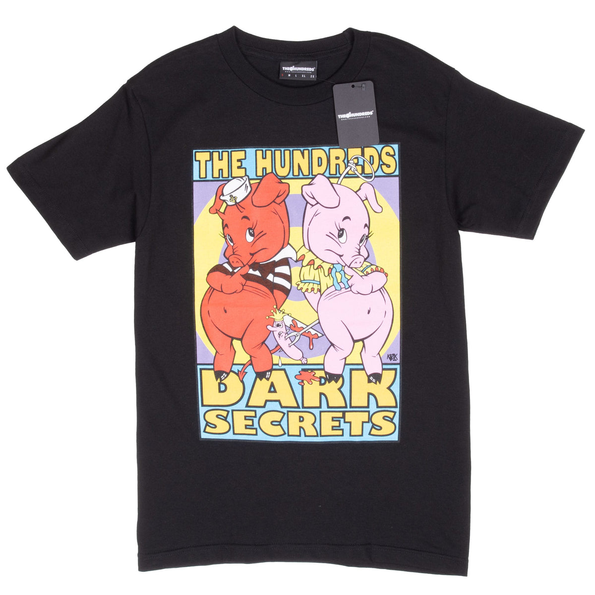 Full front view of black The Hundreds x Kozik T-shirt with Dark Secrets cartoon pig print