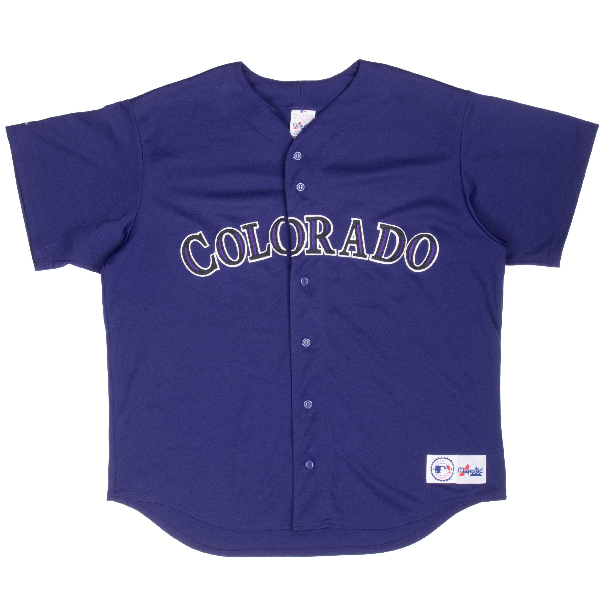 Full front view of purple Colorado Rockies MLB button-front jersey