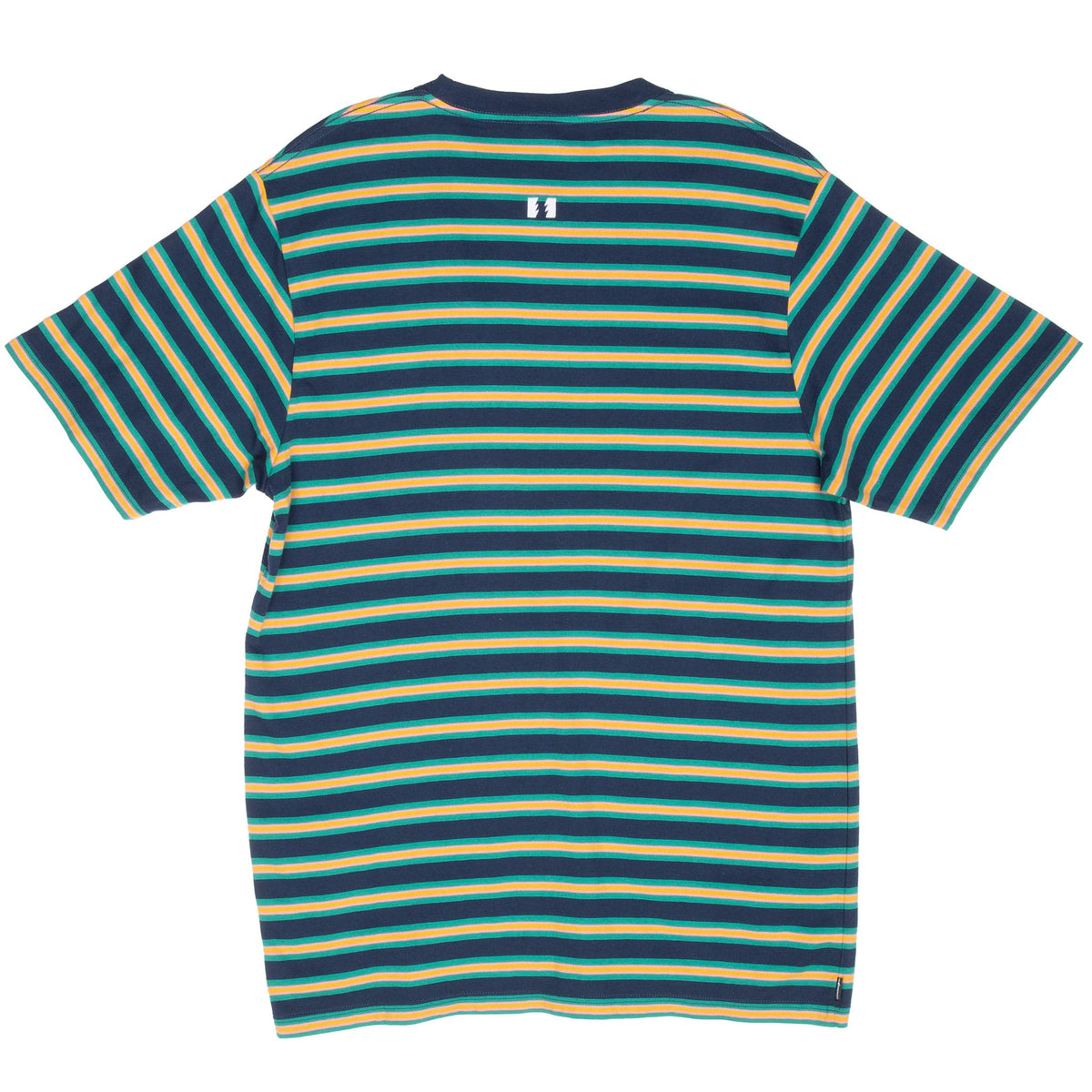 Back of The Hundreds navy striped T-shirt with small white emblem below the neckline