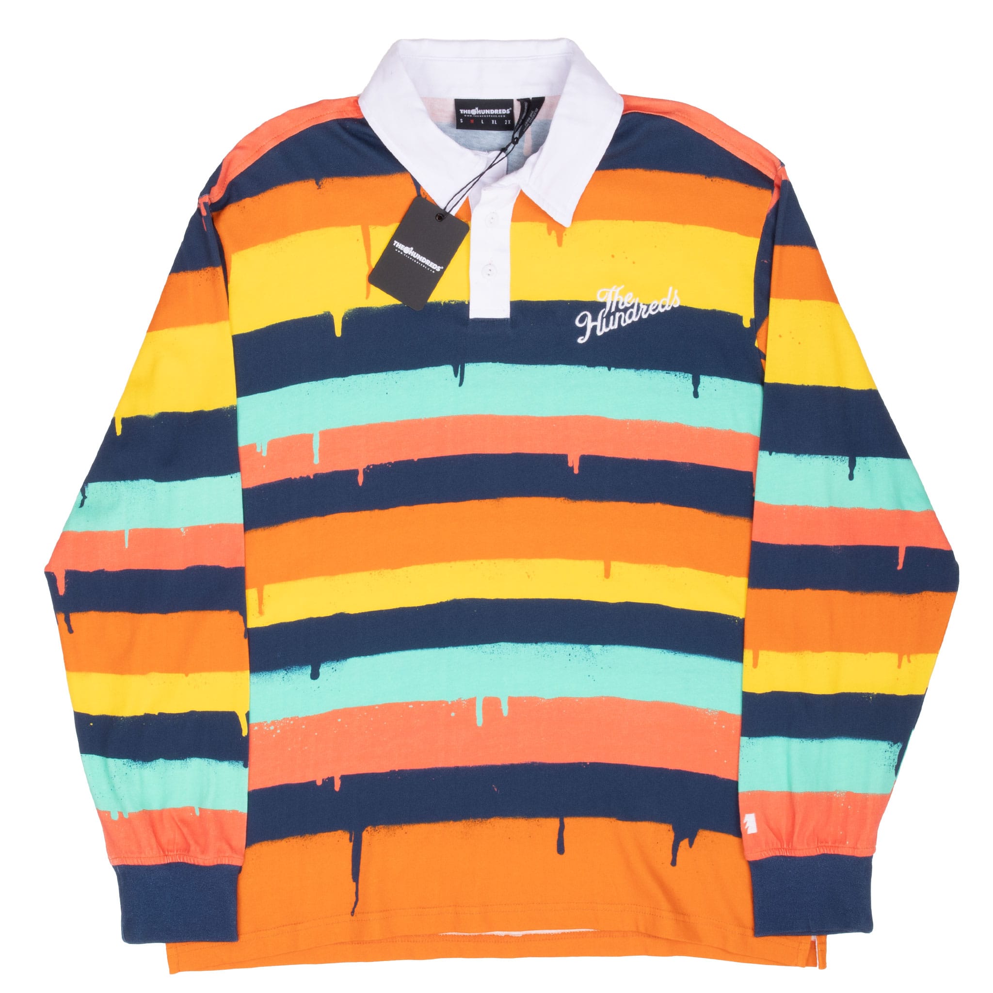 Full front of The Hundreds striped long-sleeve polo with white collar, chest embroidery, and navy cuffs