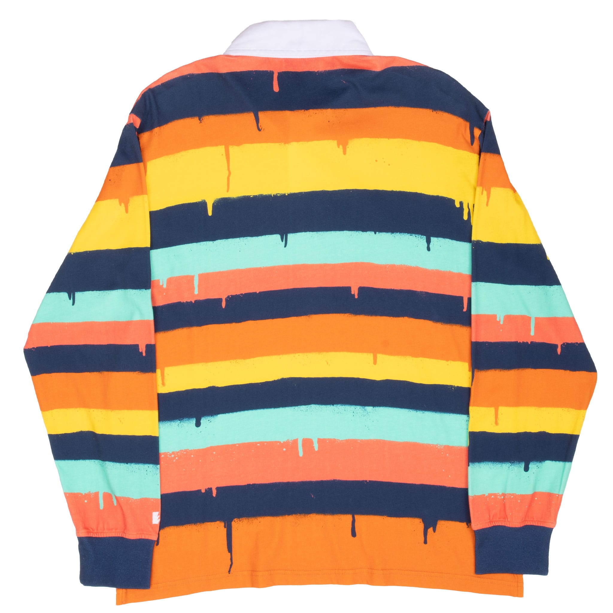 Back of The Hundreds long-sleeve polo with navy, orange, yellow, aqua, and coral paint-drip stripes