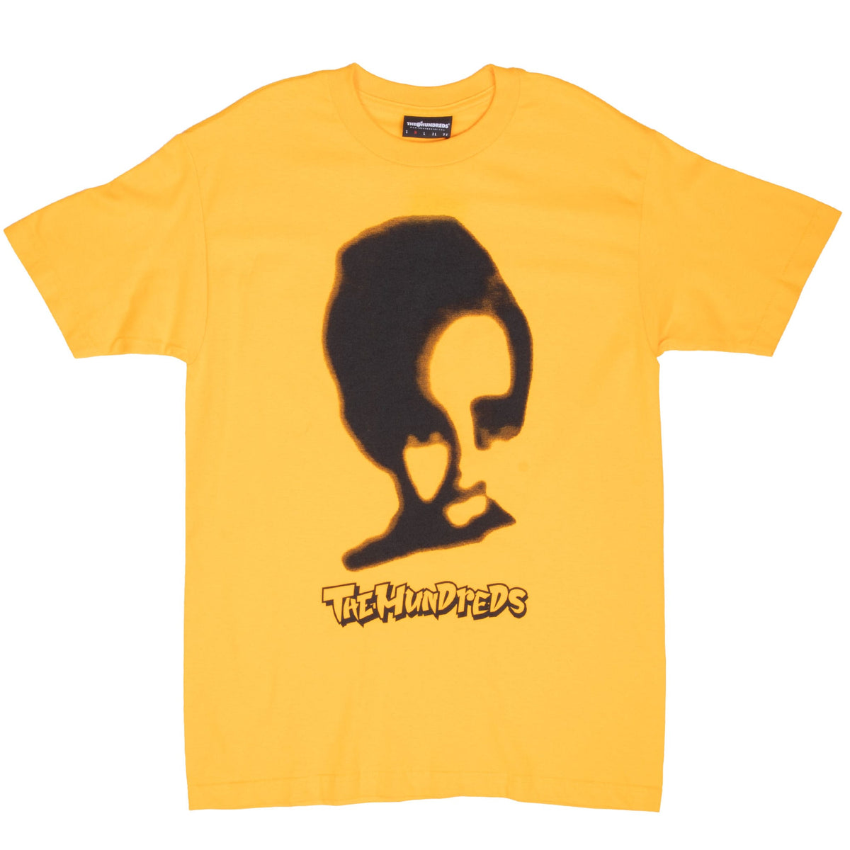 Full front view of mustard yellow Mallrats T-shirt with black portrait and The Hundreds print