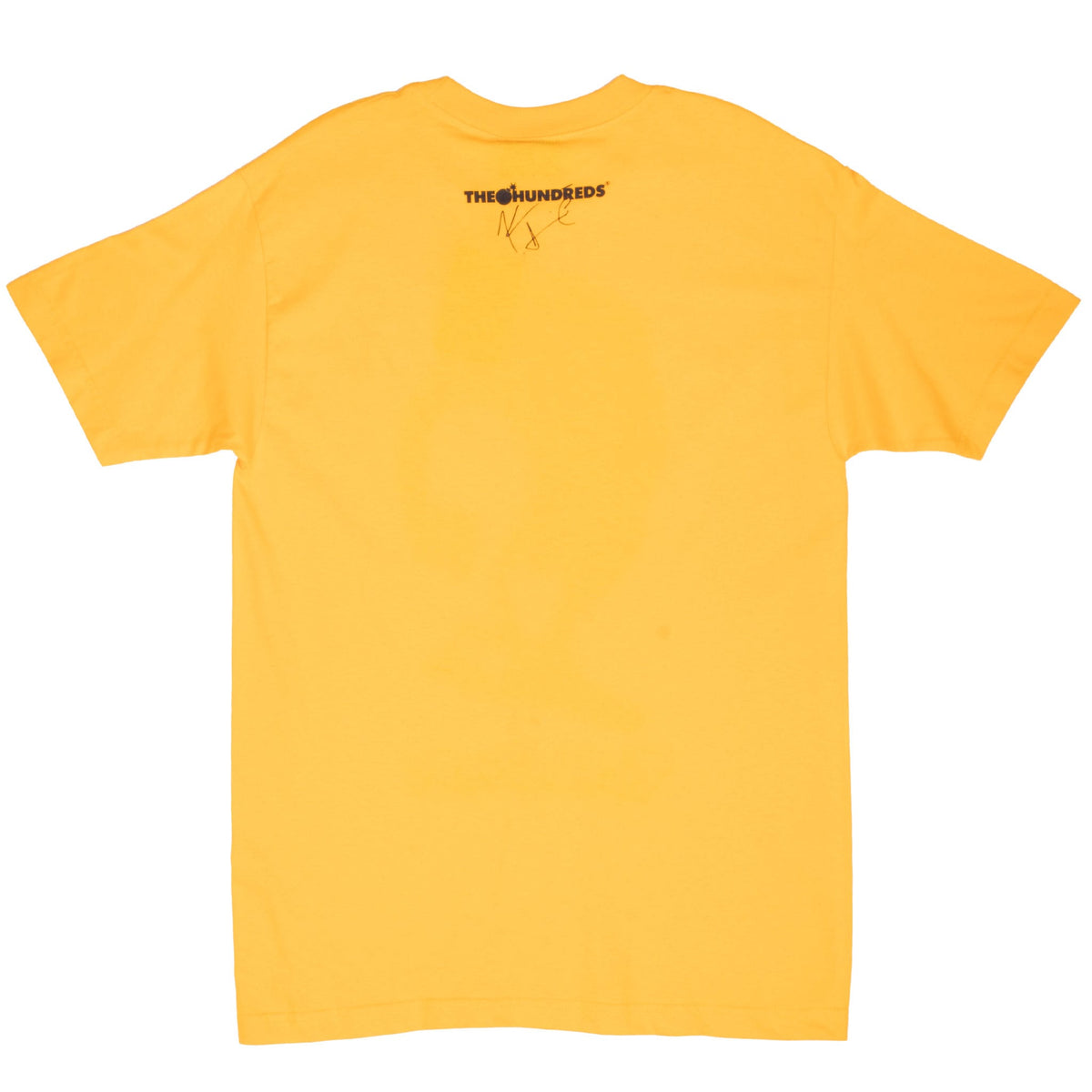 Full back view of mustard yellow T-shirt with small The Hundreds logo and signature-style print