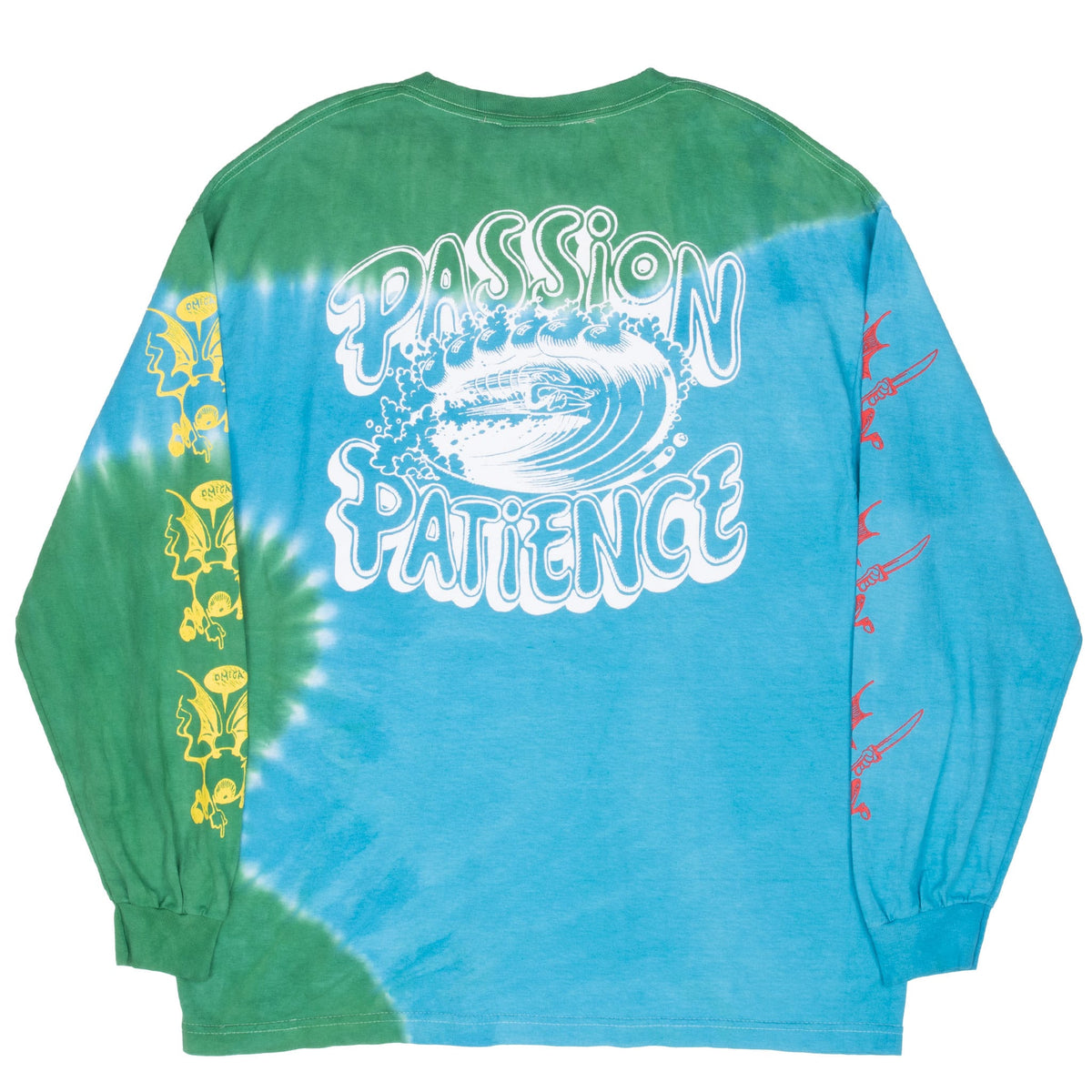 Back of tie-dye long-sleeve shirt with white Passion Patience wave graphic and illustrated sleeves