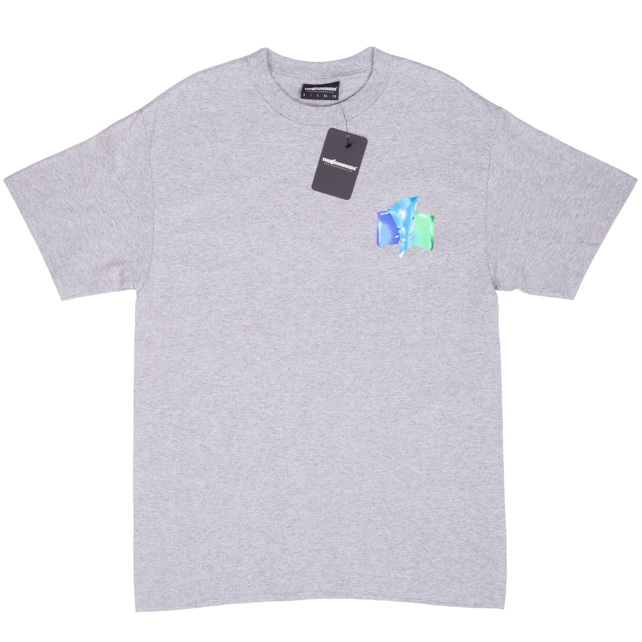 Full front of grey The Hundreds T-shirt with hangtag and small geometric left-chest print